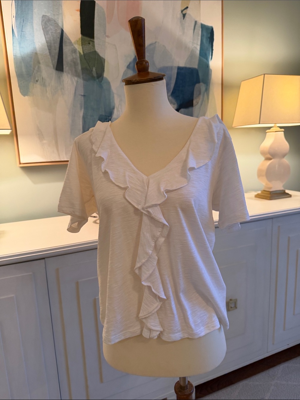 Veronica Beard White Ruffle V-Neck Blouse